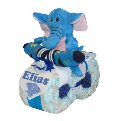 Moto de pañales con elefante azul