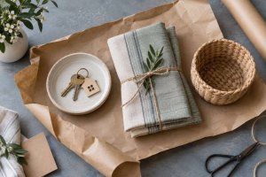 Regalos pequeños para el hogar sobre una mesa junto al papel de envolver.